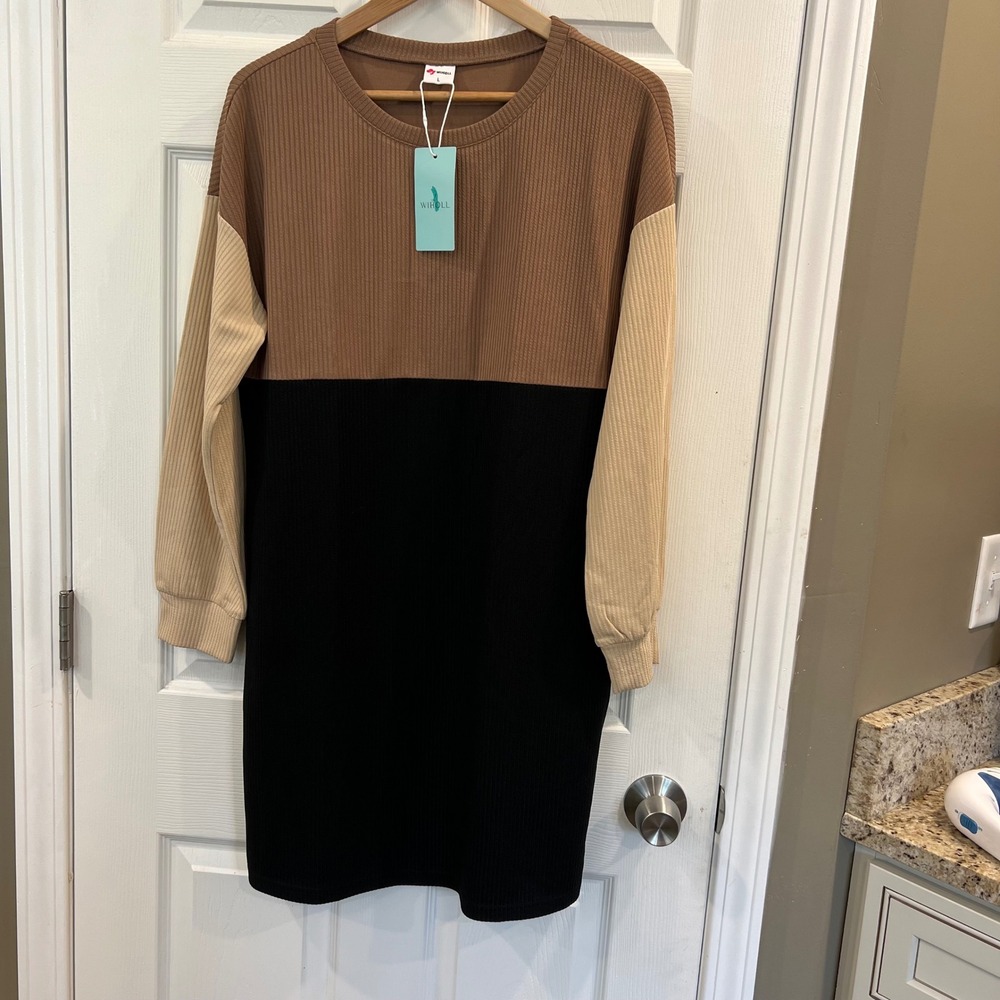 WIHOLL Women Colorblock‎ Ribbed Knit Long Slv Tunic Dress Brown Tan Black L NWT